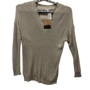 Mainstrip Knit V Neck Sweater Beige Long Sleeve Pullover Women L